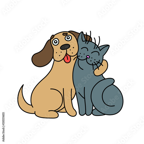cute dog hugs cat. vector illustration.