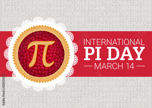 Pi Day vector background. Baked cherry pie with Pi Symbol and ribbon. Mathematical constant, irrational number, greek letter. Abstract digital illustration for March 14th. Poster creative template