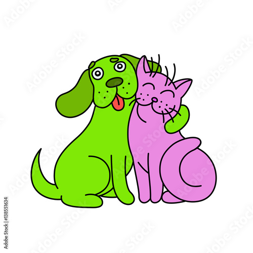 cute dog hugs cat. vector illustration.