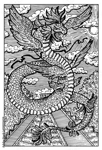Quetzalcoatl Feathered Serpent. Engraved fantasy illustration. See all collection in my portfolio
