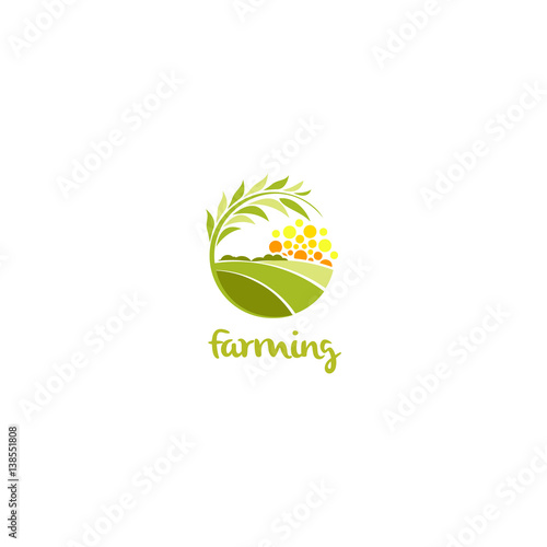Isolated abstract green color round shape sunny meadow logo, agricultural logotype vector illustration.