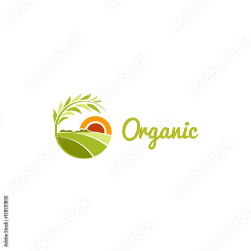 Isolated abstract green color round shape sunny meadow logo, agricultural logotype vector illustration.