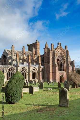 Melrose Abbey in the Scottish Borders on a sunny Spring day