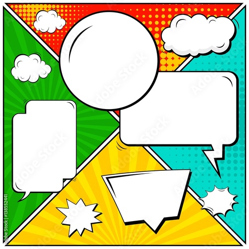Abstract creative concept vector comic pop art style blank, layout template with clouds beams and isolated dots background. For sale banner, empty speech bubble set, illustration halftone book design.