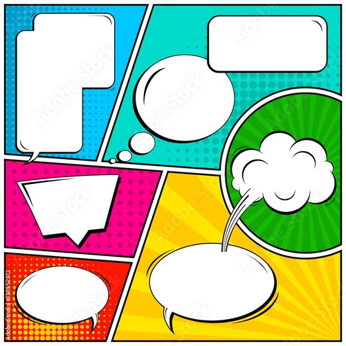 Abstract creative concept vector comic pop art style blank, layout template with clouds beams and isolated dots background. For sale banner, empty speech bubble set, illustration halftone book design.