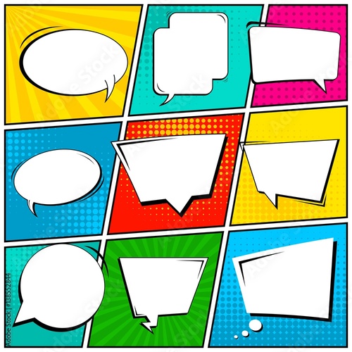 Abstract creative concept vector comic pop art style blank, layout template with clouds beams and isolated dots background. For sale banner, empty speech bubble set, illustration halftone book design.