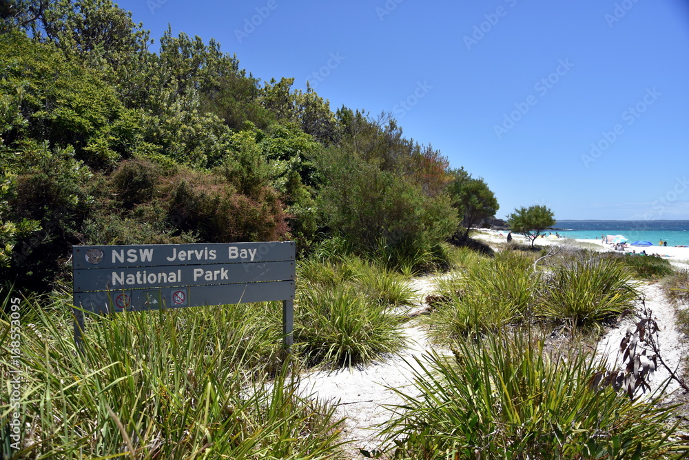 Hyams beach, Australia - Jan 7, 2017. The sign of Jervis Bay National Park at Hyams beach. Jervis Bay is an oceanic bay and village on the south coast of NSW with the whitest sand in the world.