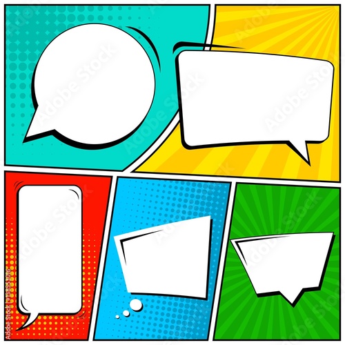 Abstract creative concept vector comic pop art style blank, layout template with clouds beams and isolated dots background. For sale banner, empty speech bubble set, illustration halftone book design.