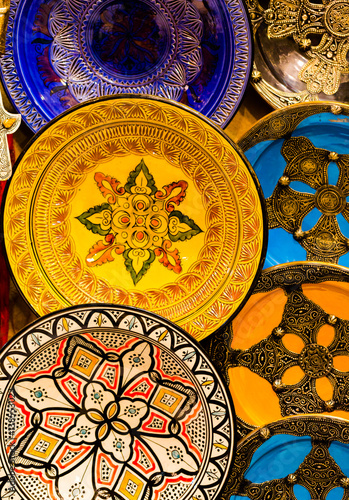 Photography Handmade and painted colorful traditional plates on medina souke