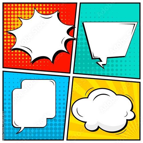 Abstract creative concept vector comic pop art style blank, layout template with clouds beams and isolated dots background. For sale banner, empty speech bubble set, illustration halftone book design.