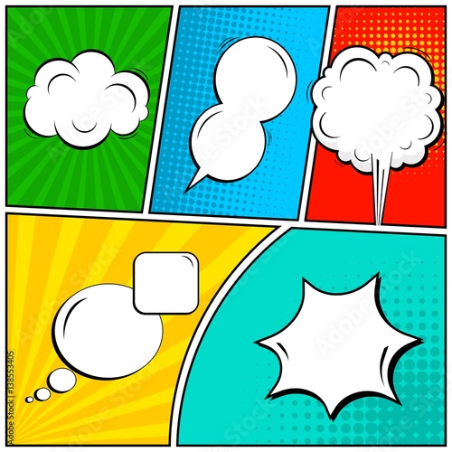 Abstract creative concept vector comic pop art style blank, layout template with clouds beams and isolated dots background. For sale banner, empty speech bubble set, illustration halftone book design.