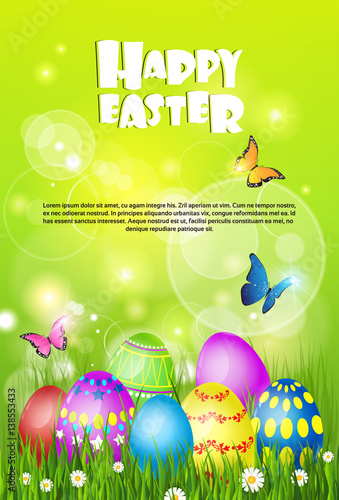 Happy Easter Decorated Colorful Egg Holiday Symbols Greeting Card Flat Vector Illustration