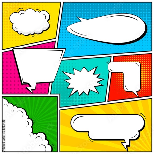 Abstract creative concept vector comic pop art style blank, layout template with clouds beams and isolated dots background. For sale banner, empty speech bubble set, illustration halftone book design.
