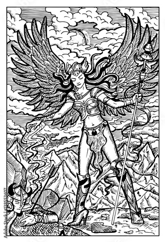 Valkyrie North mythology maiden. Engraved fantasy illustration. See all collection in my portfolio.