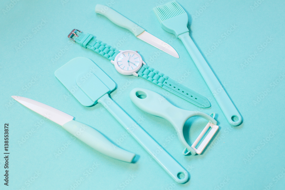 Cooking tools and kitchen utensil on color background Cooking tools and kitchen utensil on color background