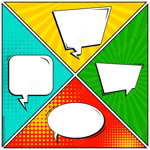 Abstract creative concept vector comic pop art style blank, layout template with clouds beams and isolated dots background. For sale banner, empty speech bubble set, illustration halftone book design.