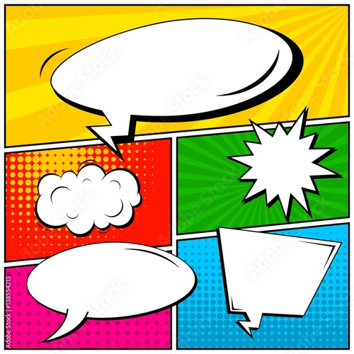 Abstract creative concept vector comic pop art style blank, layout template with clouds beams and isolated dots background. For sale banner, empty speech bubble set, illustration halftone book design.