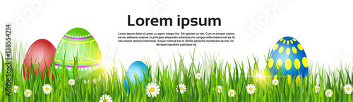 Happy Easter Decorated Colorful Egg Holiday Symbols Greeting Card Flat Vector Illustration
