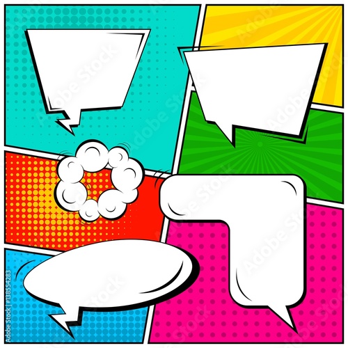 Abstract creative concept vector comic pop art style blank, layout template with clouds beams and isolated dots background. For sale banner, empty speech bubble set, illustration halftone book design.