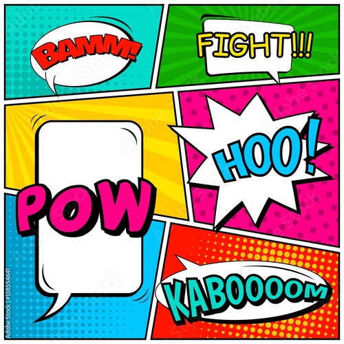 Abstract creative concept vector comic pop art style blank, layout template with clouds beams and isolated dots background. For sale banner, empty speech bubble set, illustration halftone book design.