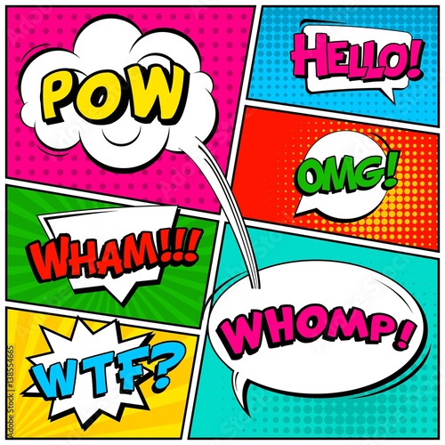 Abstract creative concept vector comic pop art style blank, layout template with clouds beams and isolated dots background. For sale banner, empty speech bubble set, illustration halftone book design.