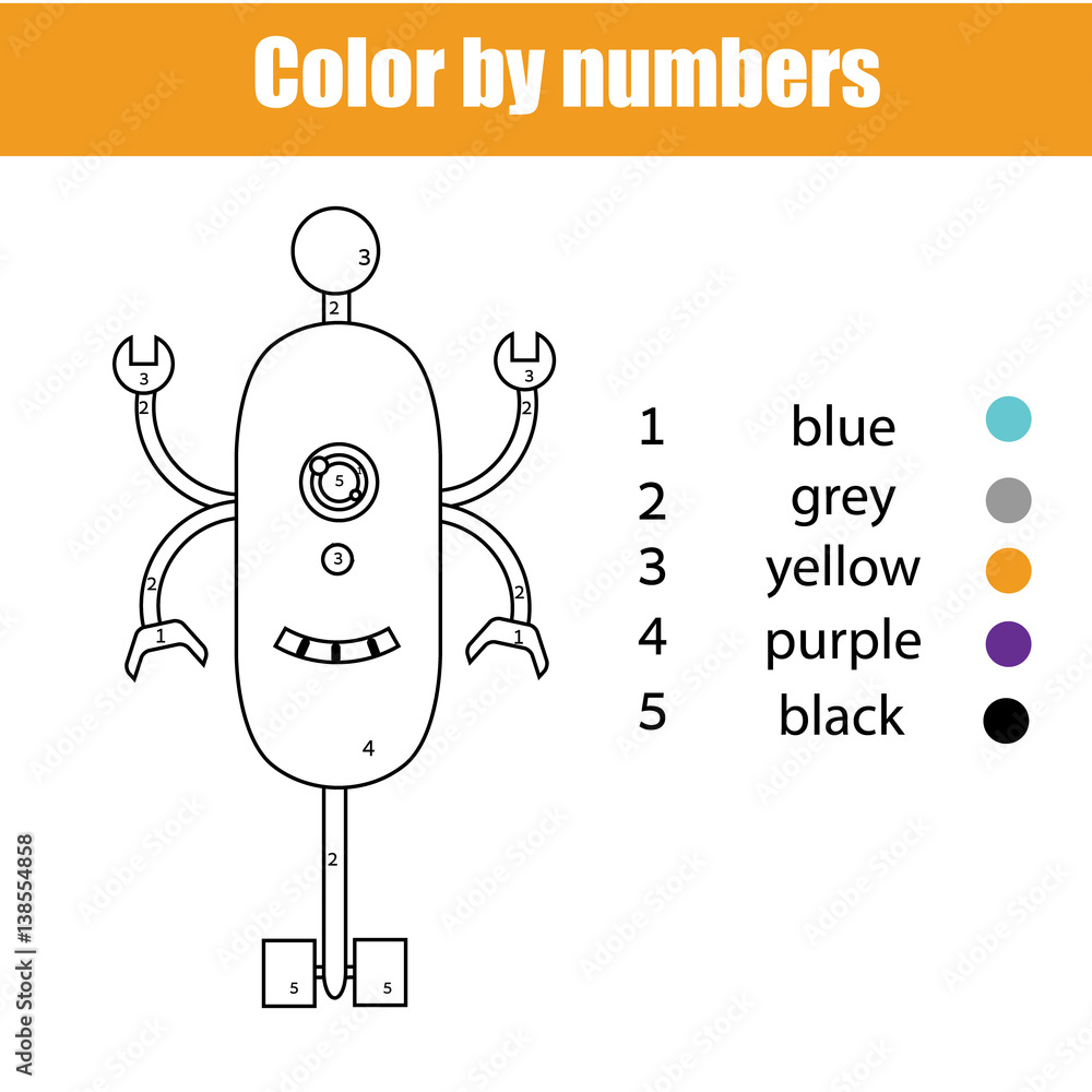 Coloring page with robot character. Color by numbers educational ...