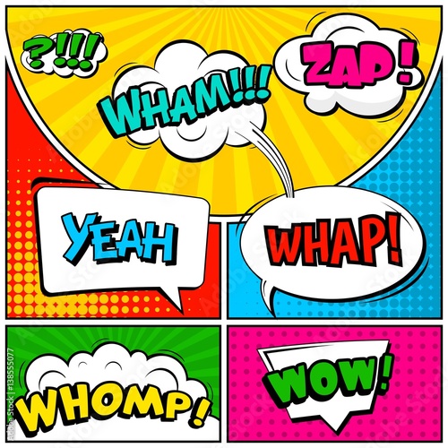 Abstract creative concept vector comic pop art style blank, layout template with clouds beams and isolated dots background. For sale banner, empty speech bubble set, illustration halftone book design.