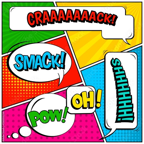 Abstract creative concept vector comic pop art style blank, layout template with clouds beams and isolated dots background. For sale banner, empty speech bubble set, illustration halftone book design.