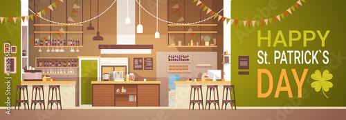 Pub Interior Saint Patrick Day Celebration, Party Beer Festival Banner Flat Vector Illustration
