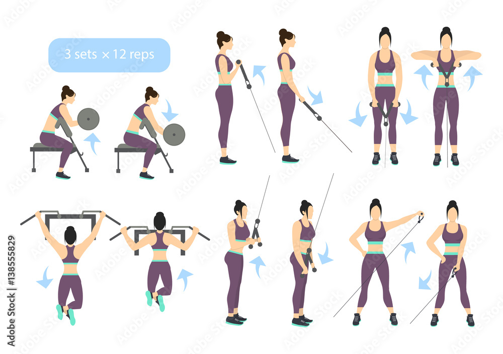 Arms workout set on white background. Exercises for women. Triceps, biceps  strength. Stock Vector