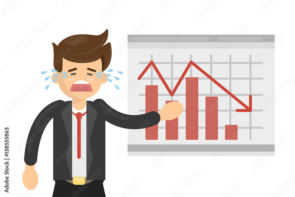 Sad businessman with bad statystics on the board. Red arrow falls down. Cartoon man cries. Sad businessman with bad statystics on the board. Red arrow falls down. Cartoon man cries.