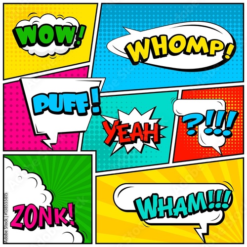 Abstract creative concept vector comic pop art style blank, layout template with clouds beams and isolated dots background. For sale banner, empty speech bubble set, illustration halftone book design.