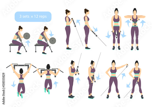 Arms workout set on white background. Exercises for women. Triceps  biceps strength.