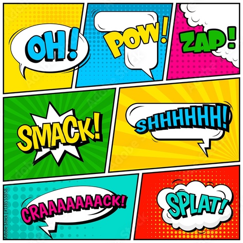 Abstract creative concept vector comic pop art style blank, layout template with clouds beams and isolated dots background. For sale banner, empty speech bubble set, illustration halftone book design.