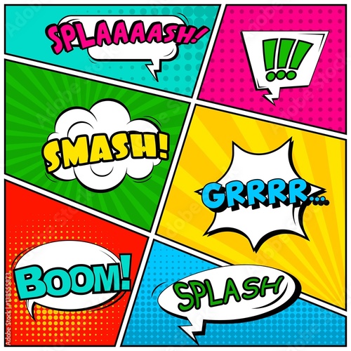 Abstract creative concept vector comic pop art style blank, layout template with clouds beams and isolated dots background. For sale banner, empty speech bubble set, illustration halftone book design.