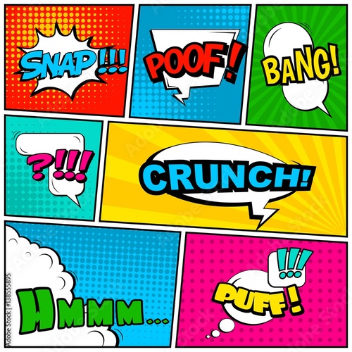 Abstract creative concept vector comic pop art style blank, layout template with clouds beams and isolated dots background. For sale banner, empty speech bubble set, illustration halftone book design.