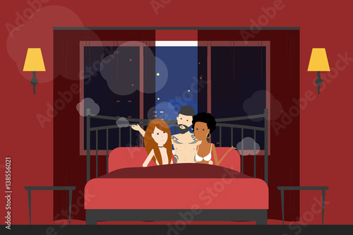 Brothel room with visitor. Relaxing man with two girls lie in bed. Room with red walls.