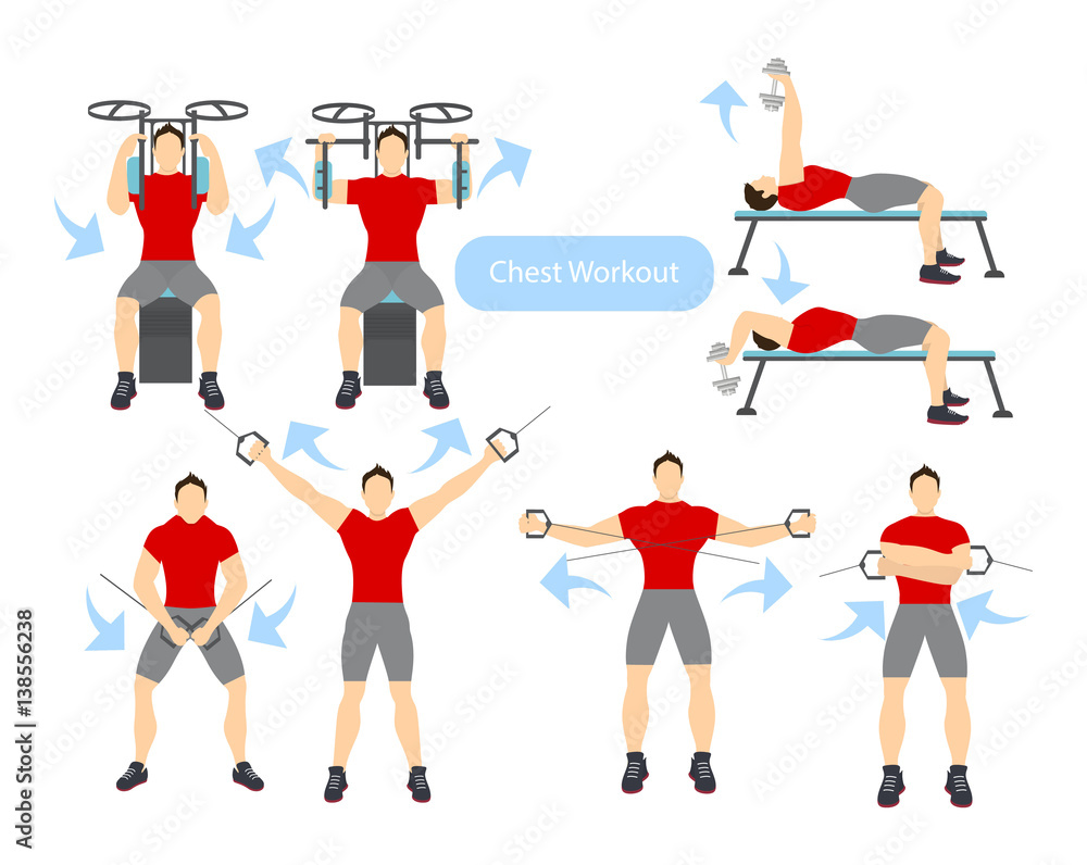 Chest workout set on white background. Exercises for men. Hard training.  Stock Vector