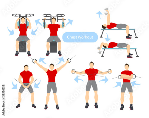 Chest workout set on white background. Exercises for men. Hard training.