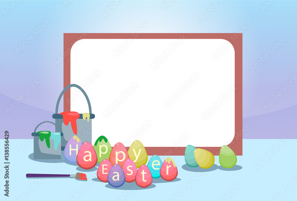 Fototapeta premium Easter Decorated Colorful Egg Holiday Symbols Greeting Card Flat Vector Illustration