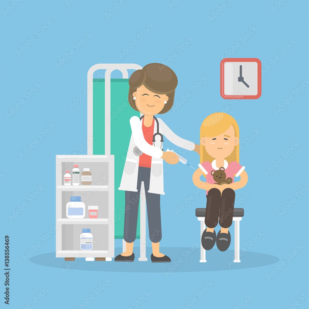 Doctor vaccinates girl. Healthcare for children. Pediatrician in the cabinet. Doctor vaccinates girl. Healthcare for children. Pediatrician in the cabinet.