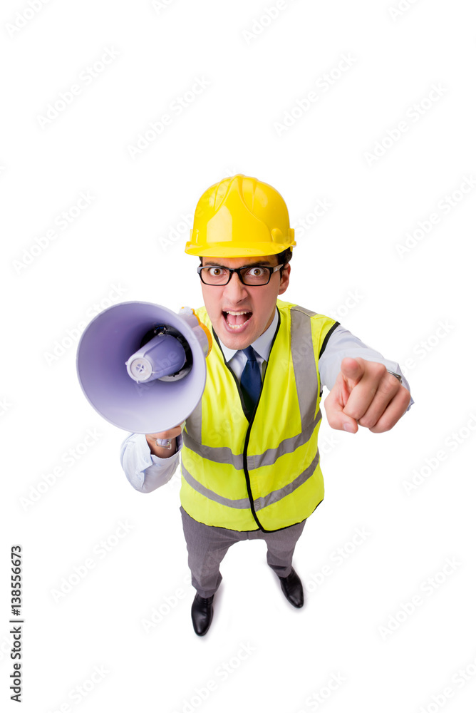 Angry construction supervisor isolated on white