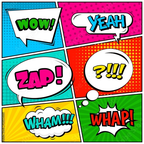 Abstract creative concept vector comic pop art style blank, layout template with clouds beams and isolated dots background. For sale banner, empty speech bubble set, illustration halftone book design.