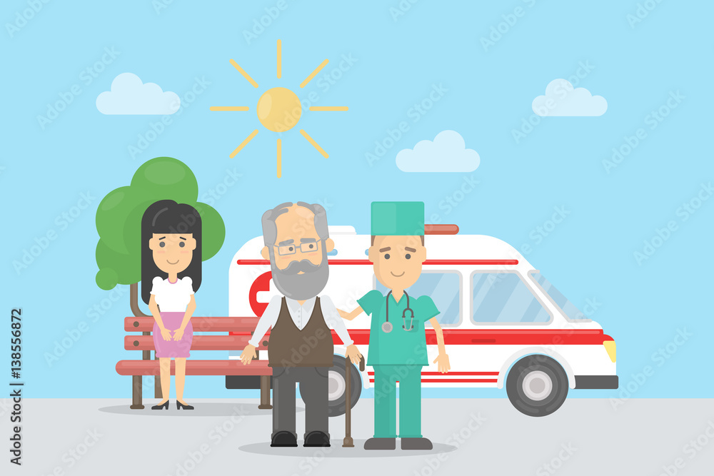 Old man with ambulance car getting help.Doctors help prevent heart attack. Old man with ambulance car getting help.Doctors help prevent heart attack.
