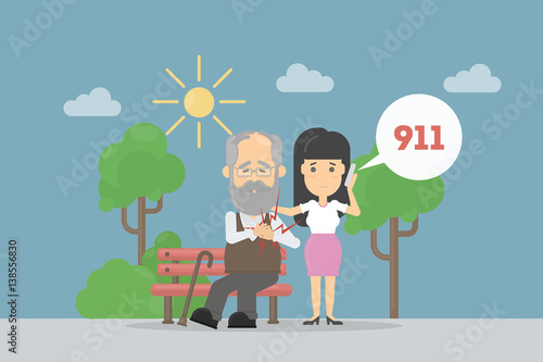 Heart attack symptoms. Woman calls 911 for emergency to help old man with heart attack.
