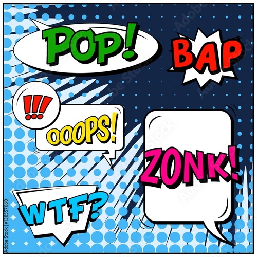 Abstract creative concept vector comic pop art style blank, layout template with clouds beams and isolated dots background. For sale banner, empty speech bubble set, illustration halftone book design.