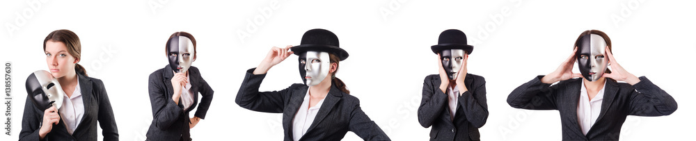 Woman with mask in hypocrisy concept Woman with mask in hypocrisy concept