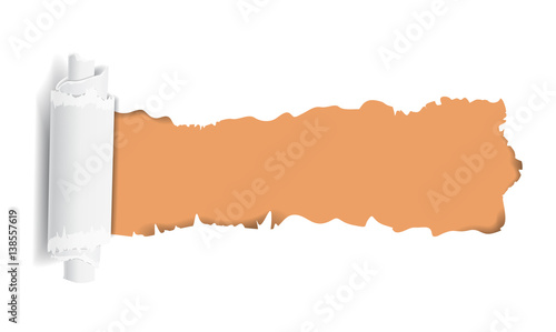 Ripped paper piece. Hole from torn paper. Decoration and texture. Orange