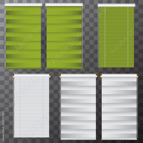 Window Jalousie set on transparent background. Interior elements for your projects. White and green color. Vector eps 10.