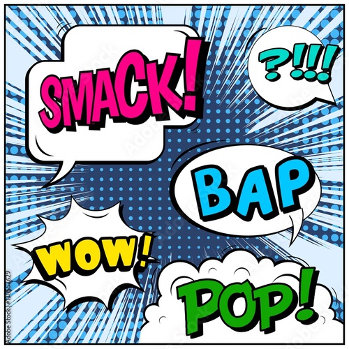 Abstract creative concept vector comic pop art style blank, layout template with clouds beams and isolated dots background. For sale banner, empty speech bubble set, illustration halftone book design.